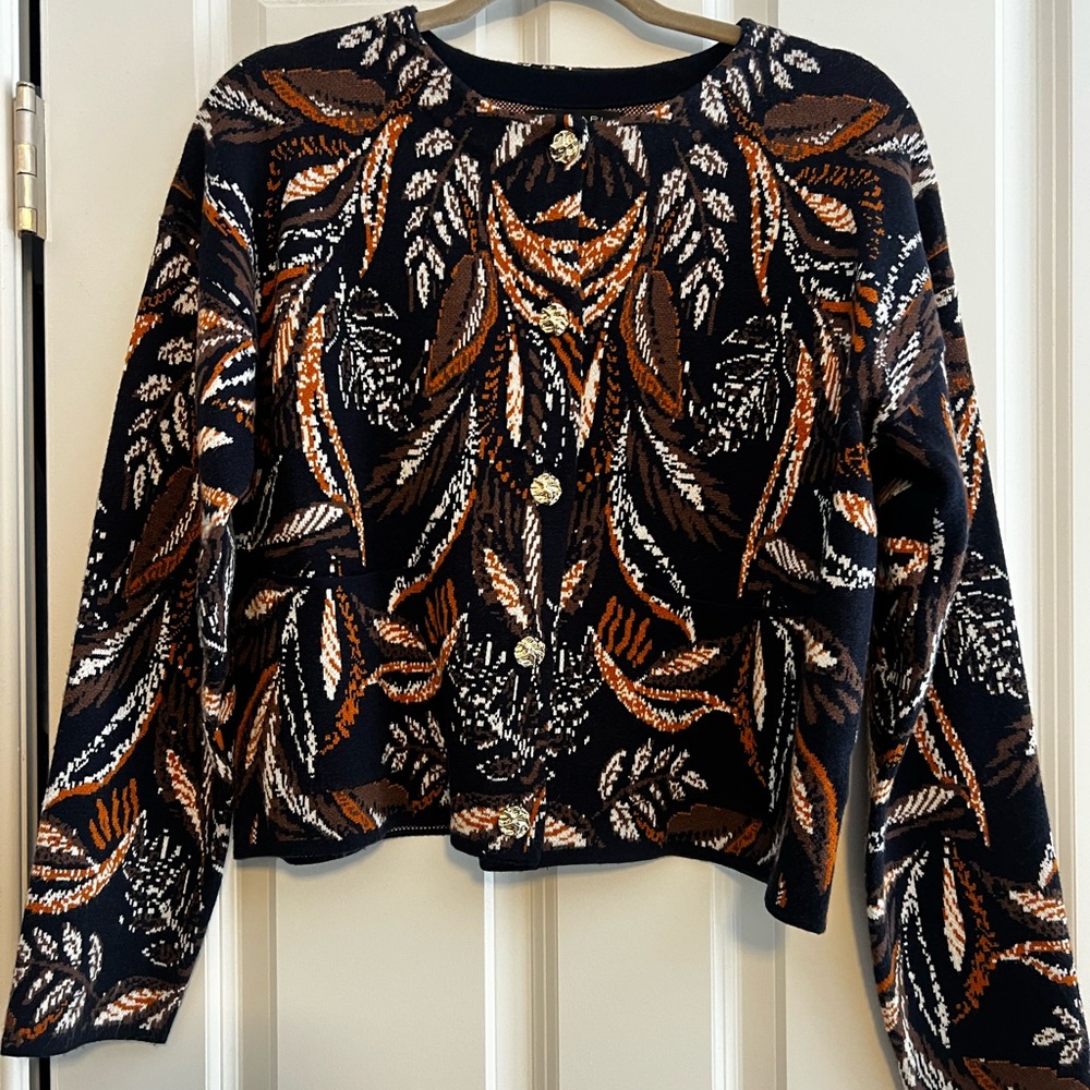 Tahari Women's Navy and Orange Leaf Patterned Cardigan